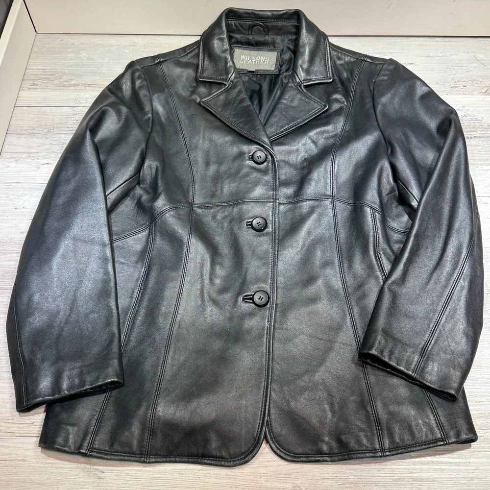 Wilsons Leather Black Genuine Leather Blazer Jacket Womens XL 3 Button